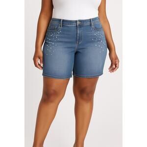 Lane Bryant Shorts Blue Denim Pearl Embellishments 5Pocket Classic (22)